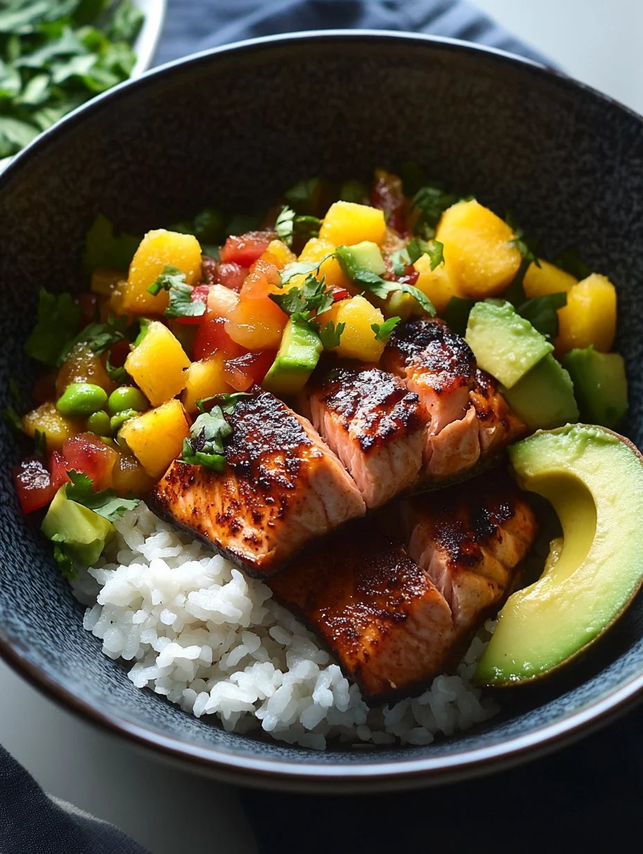 BBQ Salmon Bowls with Mango Avocado Salsa